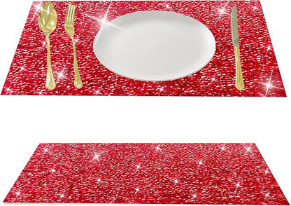 Red Sparkly Rhinestone Decor Square Placemats - Heat Resistant Mat Set of 2