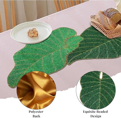 Green Leaf Beaded Table Runner, 36 in, Handcrafted Décor | 13x36 in, glass - Image 5