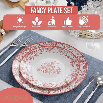 Trendables Disposable Plates For Party Supplies | Pink Floral Plastic Plates For Wedding 40 Pcs - 20 X 8 & 20 X 10 Dinner Plate Sets | Floral Plate Set Disposable Plastic Dinnerware Sets
