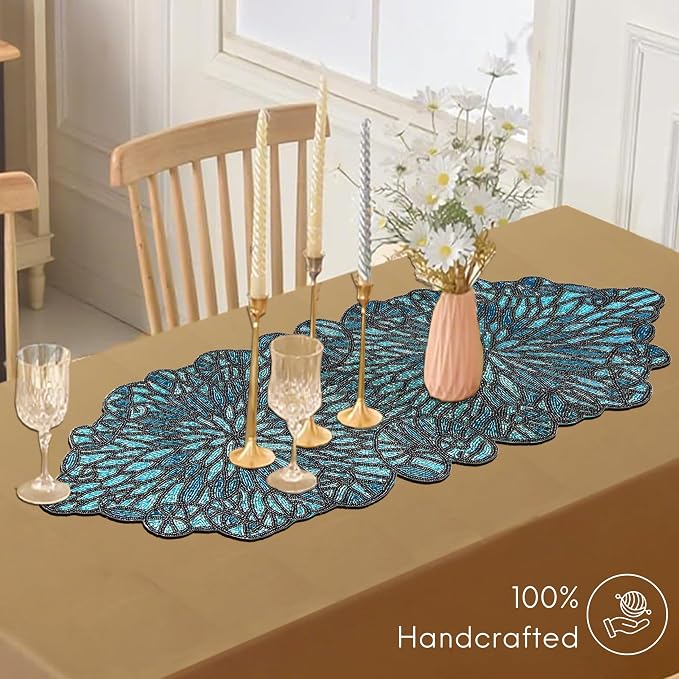 Beaded Table Runner, Floral Art Deco, 13x36 in, polyester backing, sapphire blue - Image 3