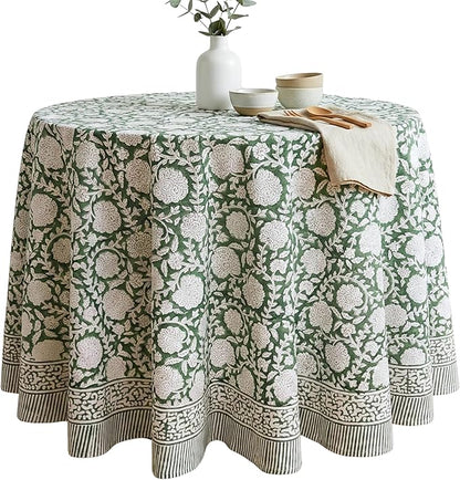 ATOSII Shalimar Green 100% Cotton Round Boho Fall Tablecloth, Handblock Floral Table Cloth Linen for Kitchen Dining I Parties Wedding Outdoors Christmas Thanksgiving I Fall Home Decor 72" Inches Round