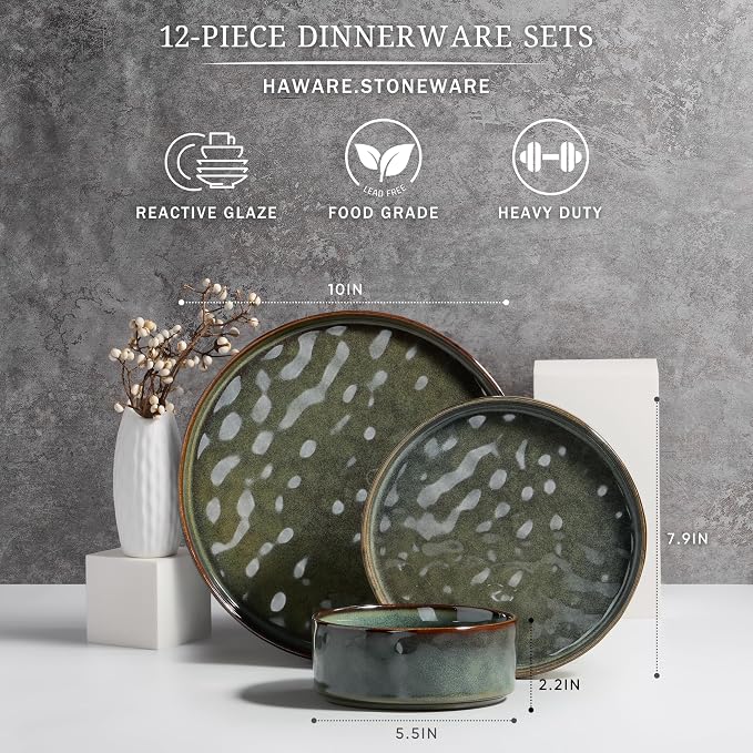 HaWare Dinnerware Sets, 12-Piece Plates and Bowls Set, Reactive Moss Green | - Image 2