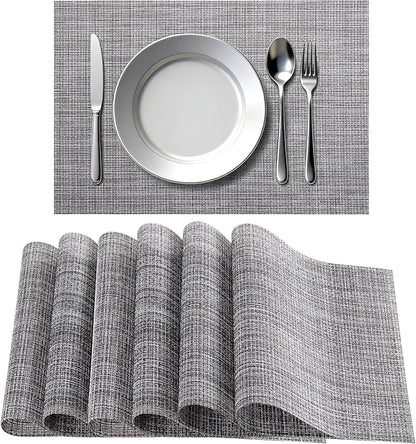 Timeet Placemats Set of 6, Heat Resistant Non-Slip Place Mats, Durable Washable PVC Vinyl Woven Table Mats, Linen Textured Table Placemats for Dining Kitchen Resistant Easy to Clean(Gray)