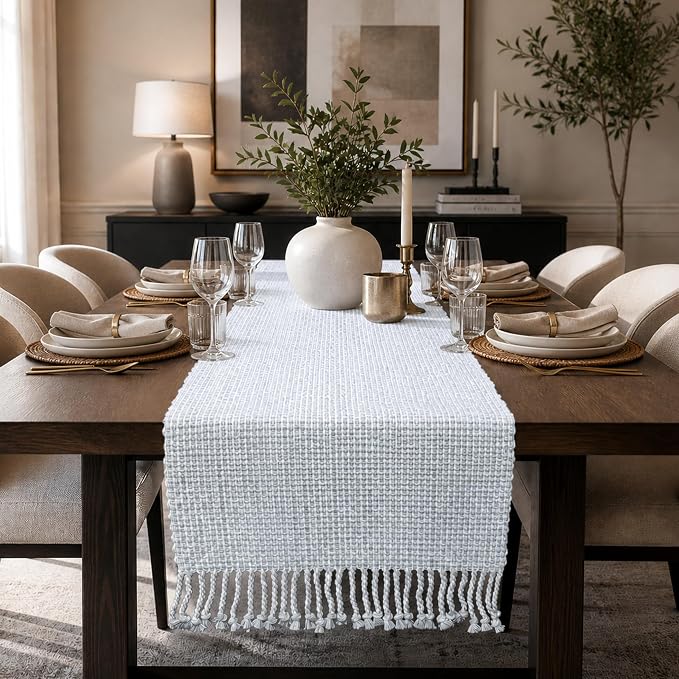 Cotton Table Runner, 13x72 Inch, Neutral Grey White | Textured Woven Fabric - Image 2