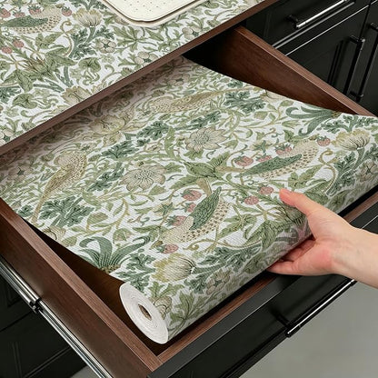 Bird Floral Drawer Shelf Liner for Kitchen Green 12IN x 10FT | Non Adhesive by TryougxaShelfLiner