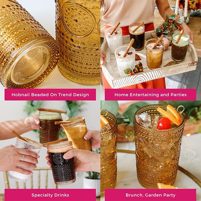 Kate Aspen Hobnail Beaded Floral Amber Drinking Glasses, Vintage Glassware Set - Image 5