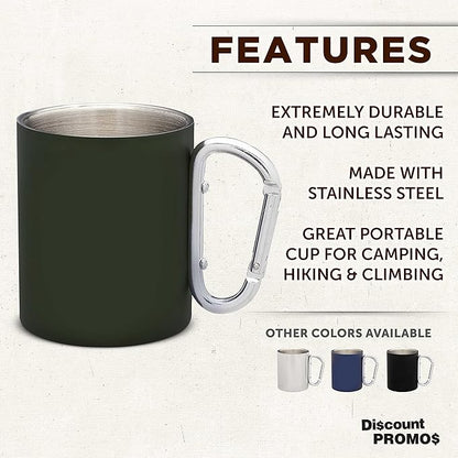 DISCOUNT PROMOS Stainless Steel Mugs with Carabiner Handle 10 oz. Set of 10, Bulk Pack - Perfect for Coffee, Soda, Other Hot & Cold Beverages - Army Green