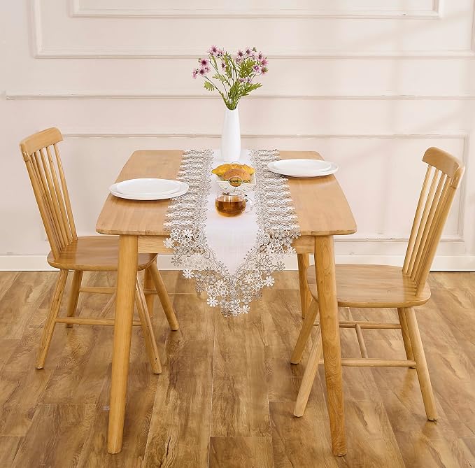White Beige Floral Lace Table Runner Dresser Scarf | Floral Lace Border - Image 7