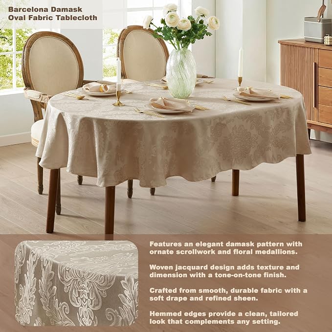 Newbridge Barcelona Luxury Damask Fabric Tablecloth, 60” Wide x 102” Oval - Image 2