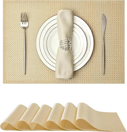 Leetaltree Luxury Gold Sequin Placemats Set of 6 - Waterproof Washable for Wedding, Anniversary, Daily Use - Sparkling Table Decor - Hand-Cut