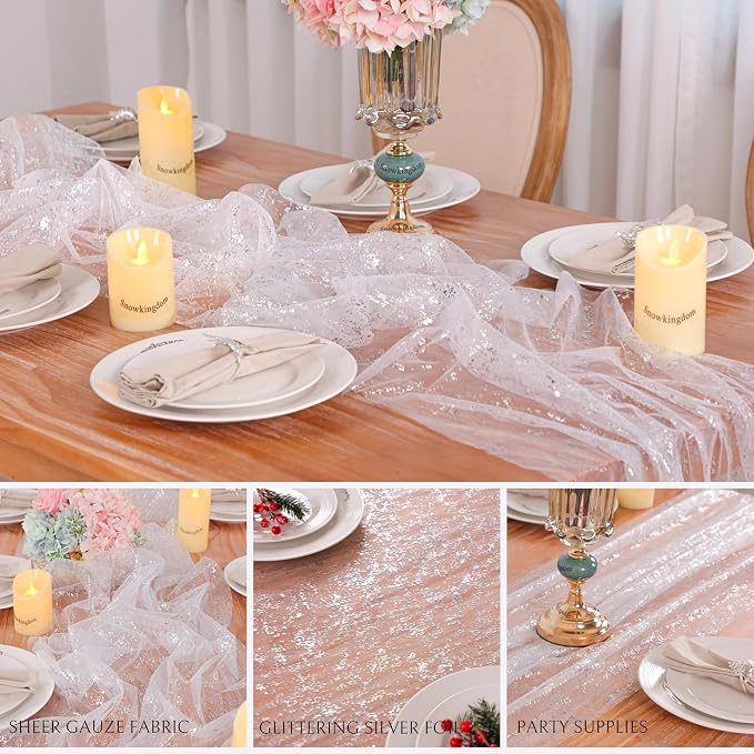 Snowkingdom 6 Pcs 10 FT Silver White Cheesecloth Table Runner Sheer Chiffon - Image 8