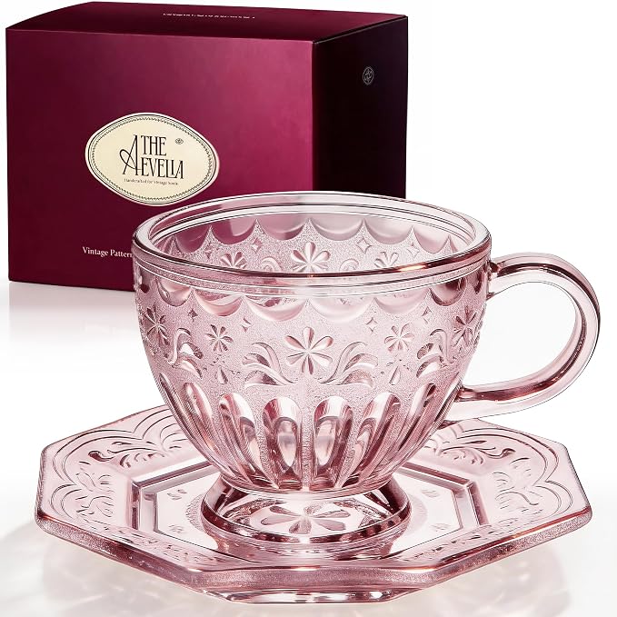Vintage Glass Tea Cup and Saucer Set, 12 oz Large Coffee Cup | Handcrafted by Unknown