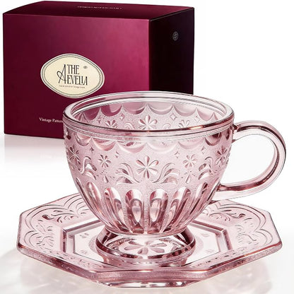 Vintage Glass Tea Cup and Saucer Set, 12 oz Large Coffee Cup | Handcrafted by Unknown