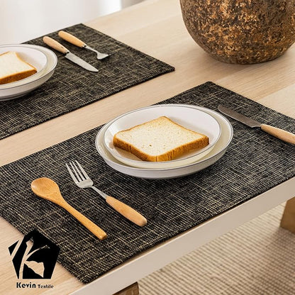 Placemats by Kevin Textile Set of 4 Heat Resistant Dining Table Place Mats Kitchen Table Mats, 13" x 19", Black Gold