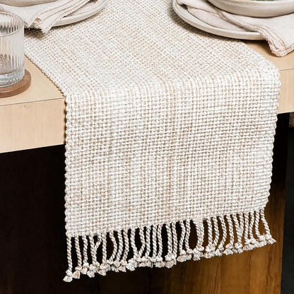 Cotton Table Runner, 13x72 Inch, Neutral Beige Ivory | Textured Woven Fabric by ChardinHome