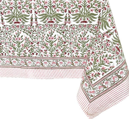 ATOSII Nargis Pink 100% Cotton Rectangle Boho Spring Summer Tablecloth, Handblock Floral Table Cloth Linen for Kitchen Dining I Parties Wedding Outdoors Easter I 72 X 120 Inches I 10 Seater
