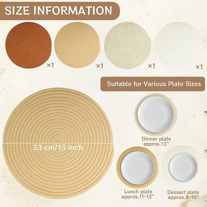 Kochorie Set of 4 Round Woven Cotton Placemats, 13 Inch Boho Table Mats for Kitchen and Dining Table, Farmhouse Heat Resistant Washable Trivets, Fall Thanksgiving Christmas Décor (Mixed Brown)