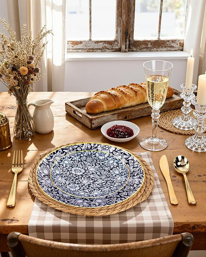 Hioasis 60pcs Plastic Disposable Plates Set - Blue & White Floral Pattern with Gold Rim, 10.25 Dinner & 7.5 Dessert Plates for Wedding,Anniversary,Party and Holiday