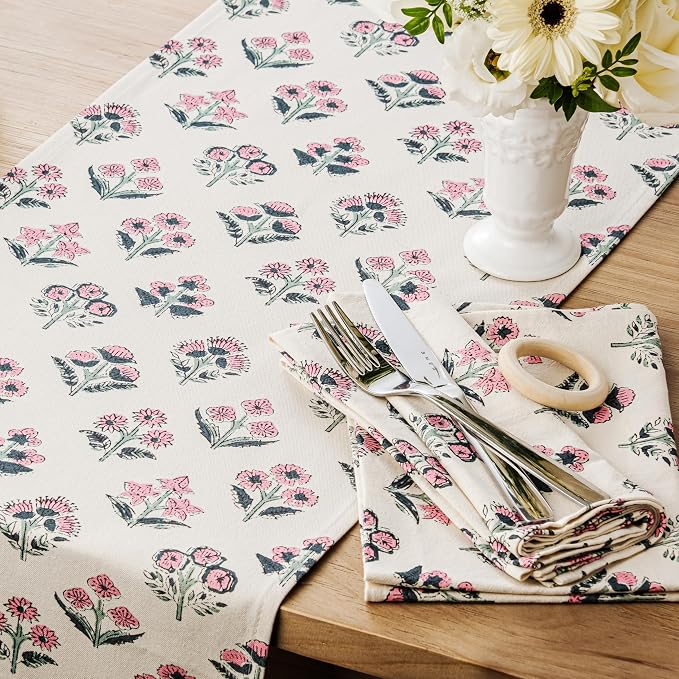 Block Print Floral Decorative Table Runners, 13x48 Inch Pink | 100% Organic - Image 2