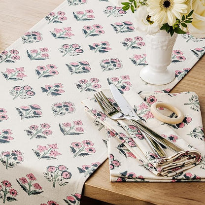 Block Print Floral Decorative Table Runners, 13x48 Inch Pink | 100% Organic - Image 2