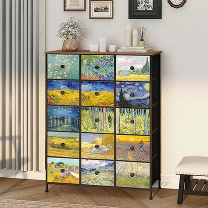 EXOTICA Large Chest of Drawers 15 Drawer Dresser Van Gogh Tall Fabric Dresser for Bedroom Living Room Entryway Closet with Sturdy Metal Frame and Wooden Top