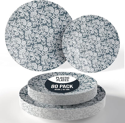 Trendables Disposable Dinnerware Decorative Plates Plastic Disposable Plates Set For 40 Guests 40 x 8 Inch Dessert Plate & 40 x 10 Inch Wedding Party Plate Set Garden Damask