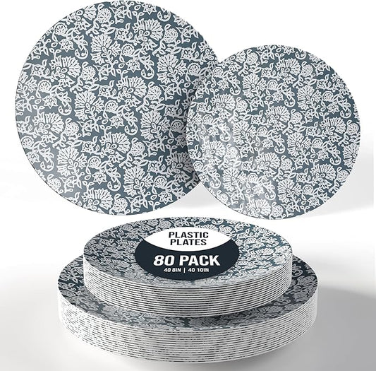 Trendables Disposable Dinnerware Decorative Plates Plastic Disposable Plates Set For 40 Guests 40 x 8 Inch Dessert Plate & 40 x 10 Inch Wedding Party Plate Set Garden Damask