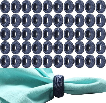 50 Pcs Woven Napkin Rings - Handcrafted Plastic & Rayon Decorative Napkin Holders for Table Settings, Dinner Parties, Weddings, Holiday Décor, Rustic Farmhouse Style (Navy Blue) - ALPHA Living HOME