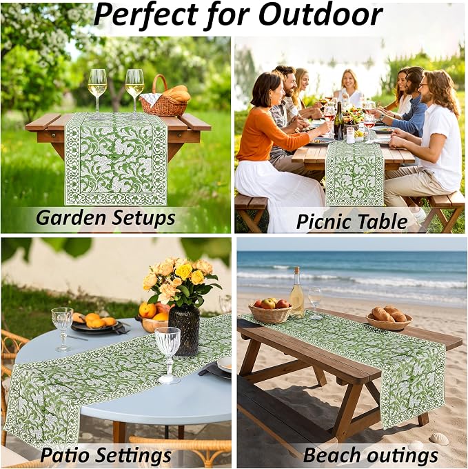 Sage Green Hand Block Print Cotton Table Runner Garden Farmhouse Buffet - Image 7
