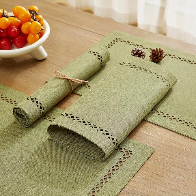 Farmhouse Burlap Hollow Placemats Set of 4, 12 x18 Inch Sage Green | Double - Image 6