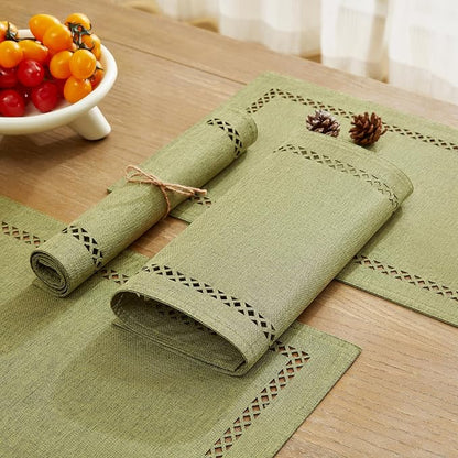 Farmhouse Burlap Hollow Placemats Set of 4, 12 x18 Inch Sage Green | Double - Image 6
