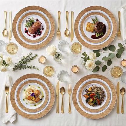 I00000 102 Pcs Wood Grain Brown Plastic Plates, Brown Party Plates Premium Plastic Disposable Plate Disposable Include 51 Dinner Platos 10" & 51 Dessert Platos 7", Elegant Wood Grain Design for Party