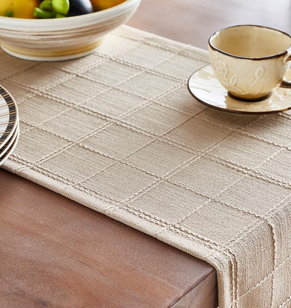Linen Checked Farmhouse Table Runner, 13x72 Inches Neutral Beige | Raised Grid - Image 5