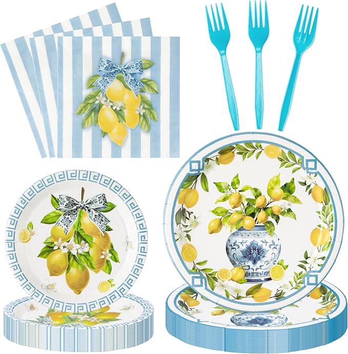 96Pcs Chinoiserie Vase Lemon Party Plates Supplies Capri Lemon Blue White Vase by G1ngtar