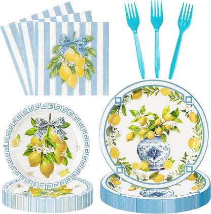 96Pcs Chinoiserie Vase Lemon Party Plates Supplies Capri Lemon Blue White Vase by G1ngtar