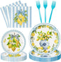 96Pcs Chinoiserie Vase Lemon Party Plates Supplies Capri Lemon Blue White Vase by G1ngtar