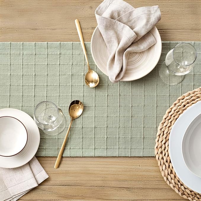 Artisanal Grid Linen Table Runner, 13x60 Inches Seeding Green | Heavy Textured - Image 5