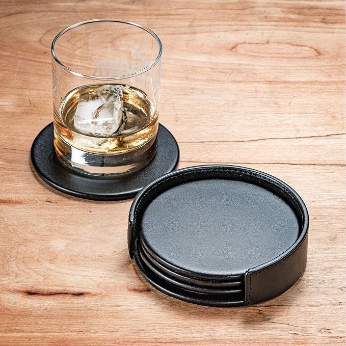 Dacasso Black Leather 4-Round Coaster Set - Image 2