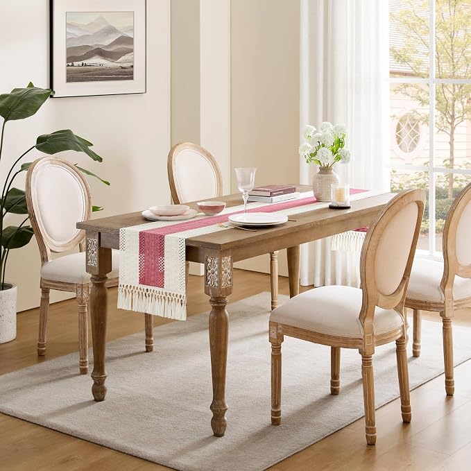Macrame Style Bicolor Stitching Table Runner 14x90in Dusty Rose | Woven Boho - Image 3