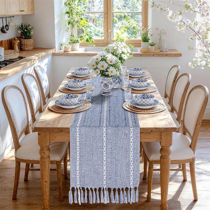 Dusty Blue Table Runner 15 x 72 Inches, Spring Summer Cotton Linen Farmhouse by TIOSGGD