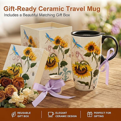 Topadorn 17oz Botanical Sunflower Ceramic Travel Mug - Image 8
