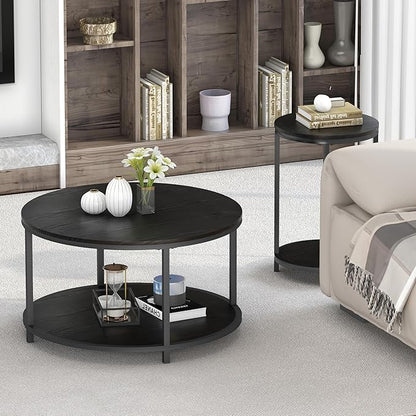 NSdirect Round Coffee Table, 27.6" Small Coffee Table for Living Room,2-Tier Rustic Wood Desktop with Storage Shelf Modern Design Home Furniture(Black)