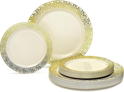 OCCASIONS 240 Plates Pack,(120 Guests) Heavyweight Premium Wedding Party Disposable Plastic Plates Set -120 x 10.25'' Dinner + 120 x 7.5'' Salad/Dessert (Florence Ivory/Gold)