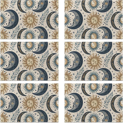 Sun Moon Stars Placemats, Boho Celestial Placemats 12x18 Inch Waterproof Non-Slip Washable Table Mats for Kitchen Dining Party Table Decor,Set of 6