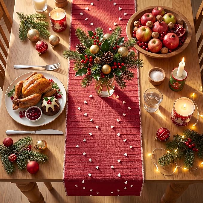 Artoid Mode Red Farmhouse Rustic Cotton Woven Table Runner, Seasonal Christmas - Image 3