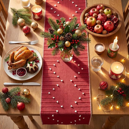 Artoid Mode Red Farmhouse Rustic Cotton Woven Table Runner, Seasonal Christmas - Image 3