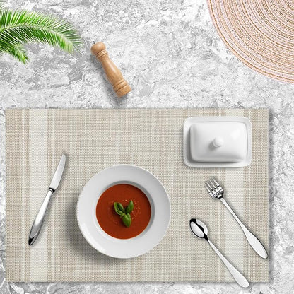 Placemats Set of 4 Vinyl Washable Linen ColorPlacemats, 18"x12" Wipeable Heat-Resistant Non-Slip Easy Clean Table Mats Ideal for Dining Table Table Runner and Outdoor(4, Linen Wide Stripe)