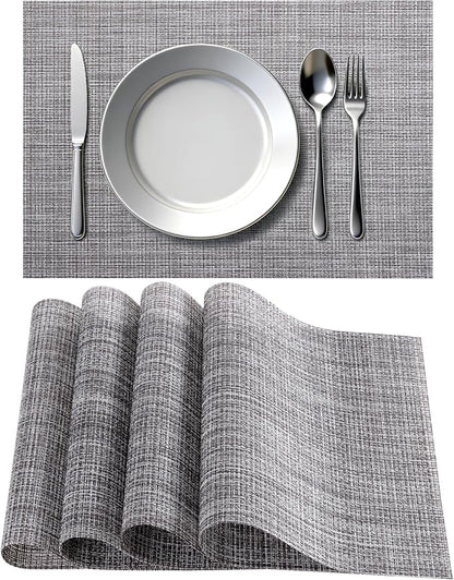 Timeet Placemats Set of 4, Heat Resistant Non-Slip Place Mats, Durable Washable PVC Vinyl Woven Table Mats, Linen Textured Table Placemats for Dining Kitchen Resistant Easy to Clean(Gray)