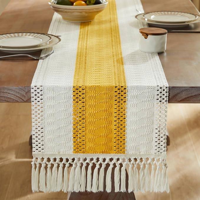 Macrame Style Bicolor Stitching Table Runner 14x36in Mustard | Woven Boho Table - Image 3
