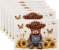 Cute Highland Cow Table Placemats Set of 6,Non-Slip Rustic Sunflower Butterfly Fabric Placemats for Dining Room Kitchen Party Holiday, Indoor Cloth Table Mats for Home Decor 11.8x17.7 Inch